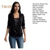 Women Velvet Tops Swing Collar Long Sleeve Drawstring Hem Shirring Pullover Tops Solid Color Sequins Stitching Blouse
