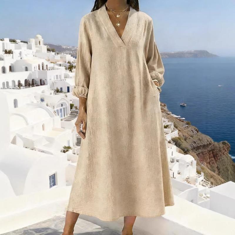 Neues lässiges Langarm-V-Ausschnitt-Einfarbiges Mehrfarbiges Damen-Schlauchkleid