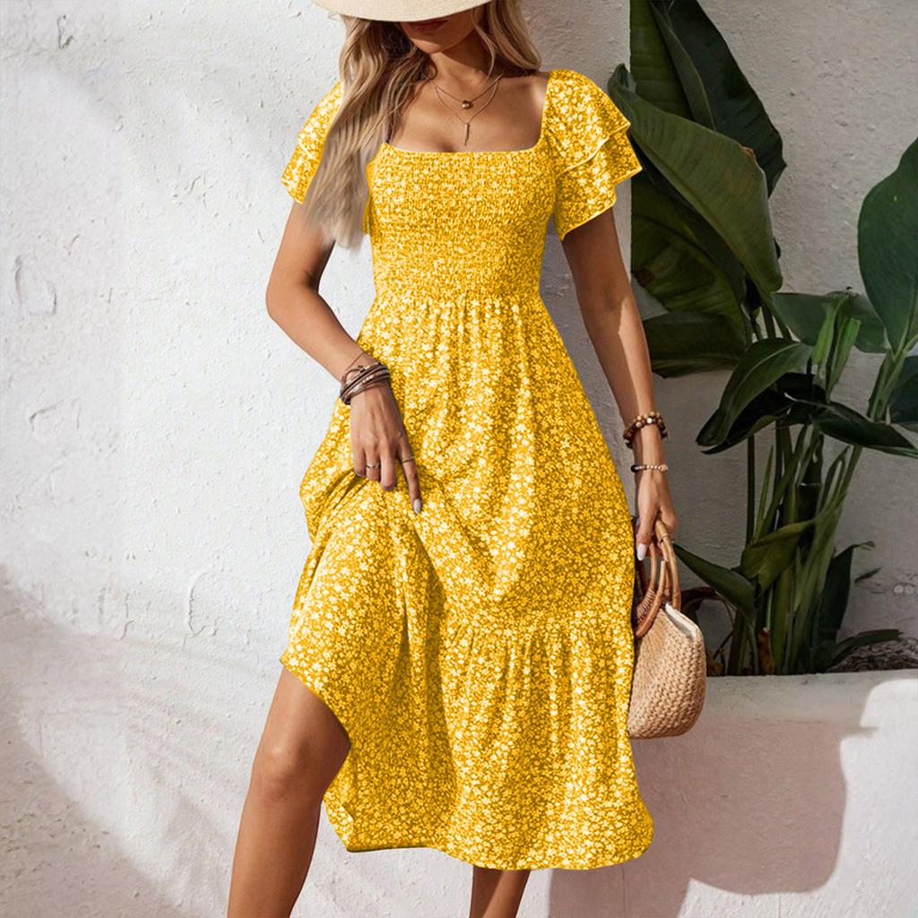 Women's Off-Shoulder Floral Maxi Dress, Summer Boho Beach Dress with Puff Sleeves, Casual Elegant Sundress