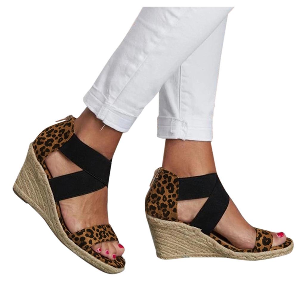 Women's Ladies Fashion Girls Leopard Wedges Sandals Elastic Casual Shoes