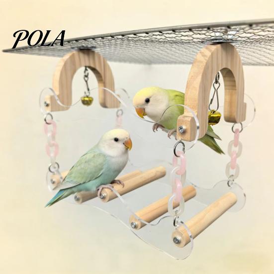 Sturdy Parrot Swing Toy, Bird Cage Perch, 5 Wooden Perch Poles, Acrylic Hanging Toy Frame with Bells for Small Medium Parrots Budgies Cockatiels