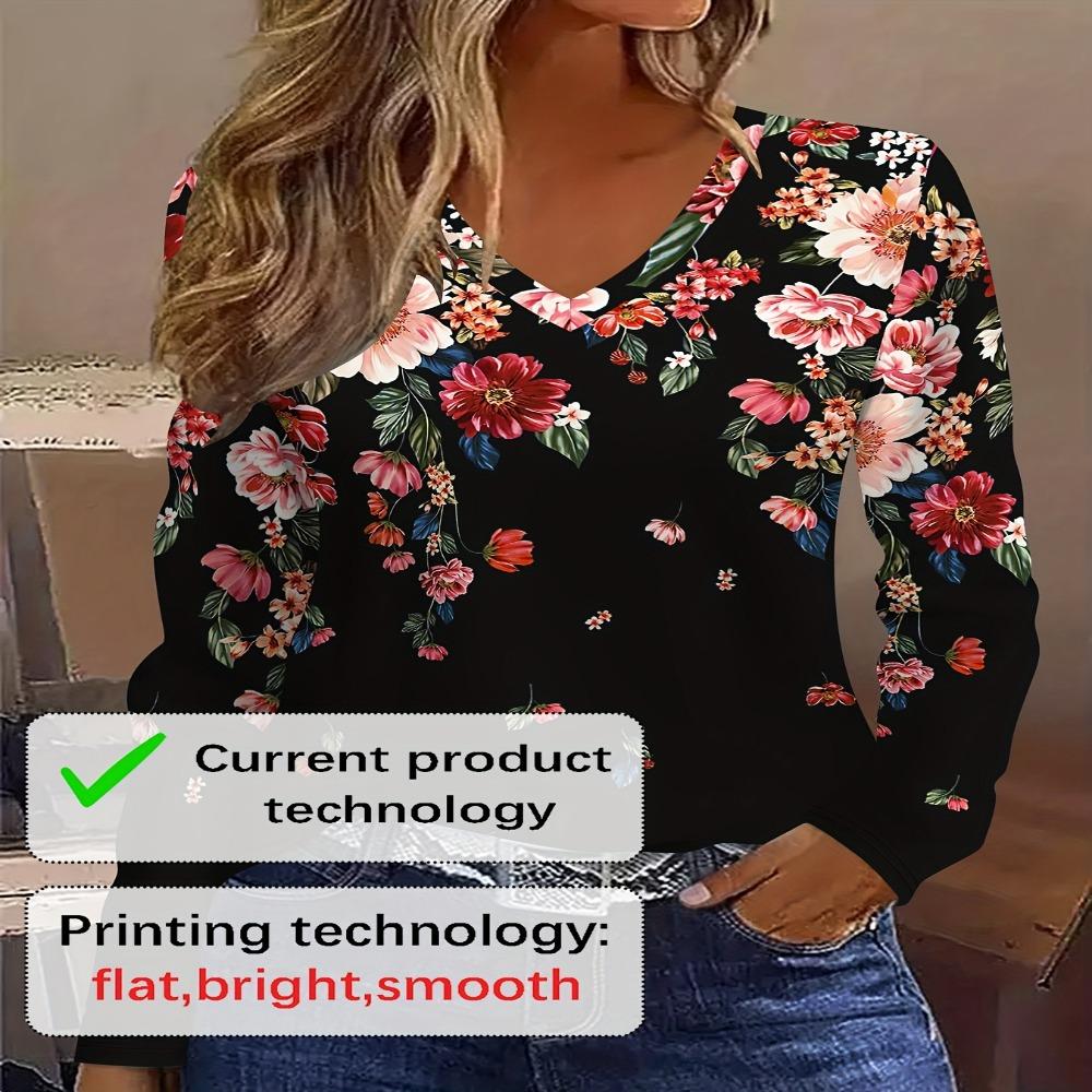 Fashion Elegant Abstract Floral Painting V-Neck Long Sleeve T-Shirt, Casual Stylish Long Sleeve Shirt, Women'S Outerwear Top