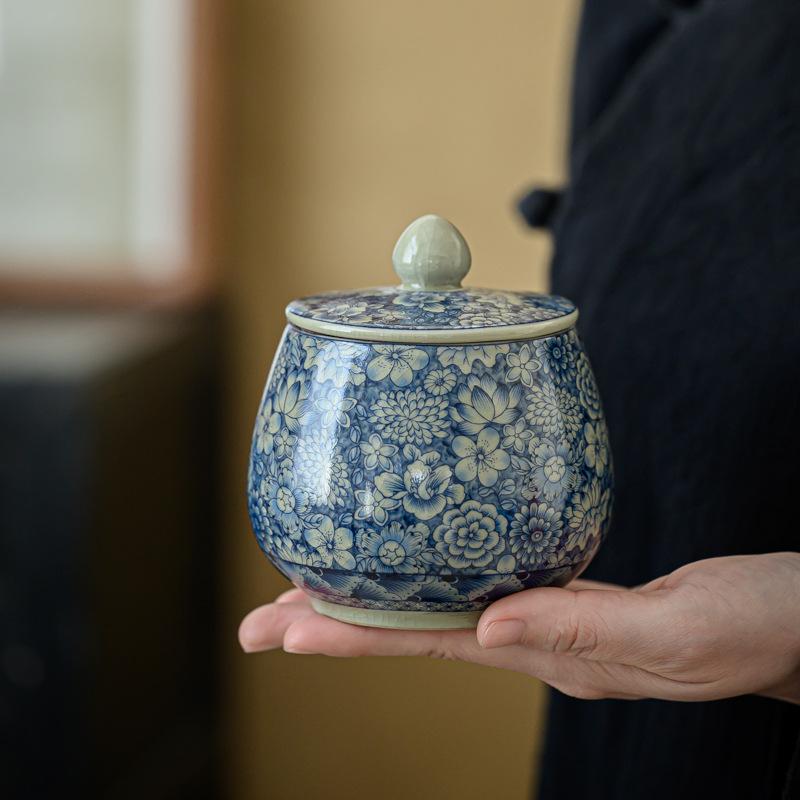 Tea Can Box Ceramic Tea Storage Jar Vintage Blue and White Cracked Sealed Jar Household Moisture-proof Teas Caddies Ceramic Jar