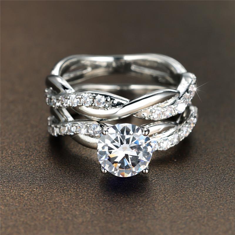 Female Crystal White Round Zircon Stone Engagement Ring Set Luxury Yellow Gold Color Wedding Jewelry For Women