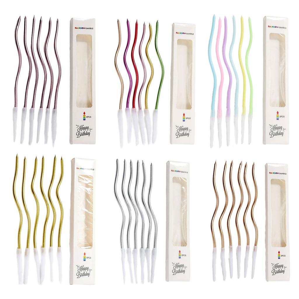 6Pcs Elegant Curved Gold Plated Colorful Cake Candles for Birthday and Baby Shower Cupcake Decorating Party Supplies