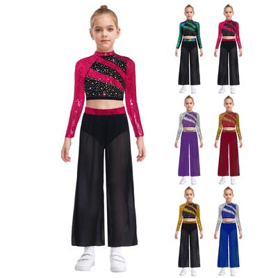 Conjunto de Dança Feminino de Duas Peças Gola Alta Manga Comprida Lantejoulas Top Cropped Recorte nas Costas com Calças de Chiffon Fluido de Perna Larga