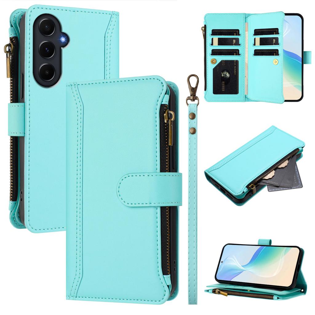Für Samsung Galaxy A55 5G Lederhülle 9 Kartenfächer Reißverschluss Geldbörse Ständer Handyhülle mit Handschlaufe