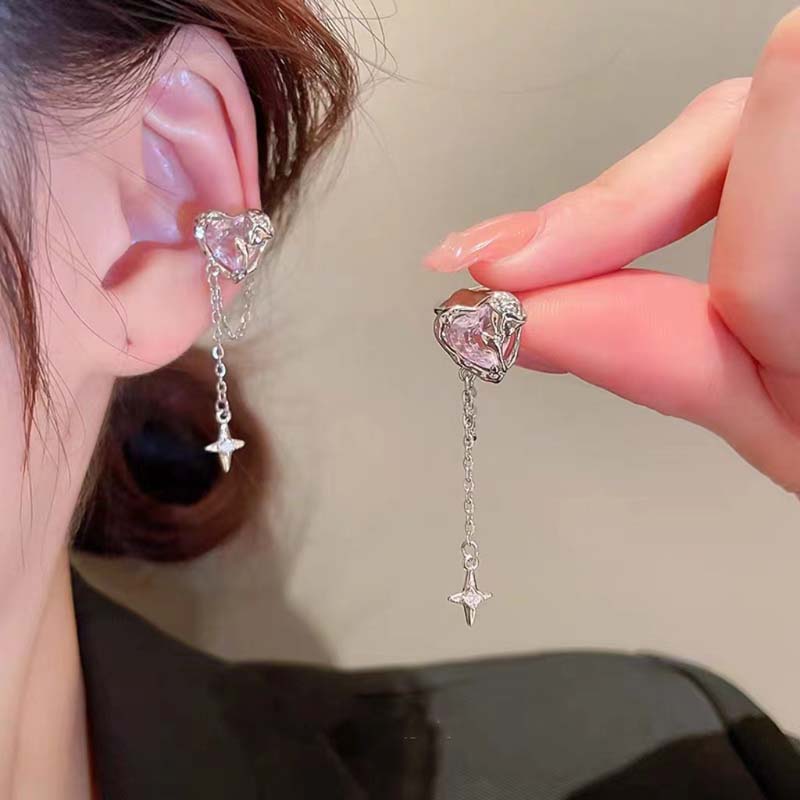 1Pcs Pink Crystal Heart Star Tassel Ear Clip Earrings for Women Vintage Non Piercing Ear Cuff Y2K Jewelry Party Jewelry Gift