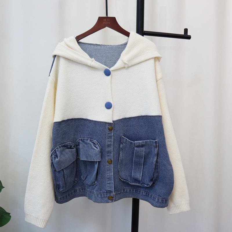 

Худи из денима с вставками, осенне-зимний новый свободный повседневный универсальный дизайн, вязаный кардиган женский one size fits all