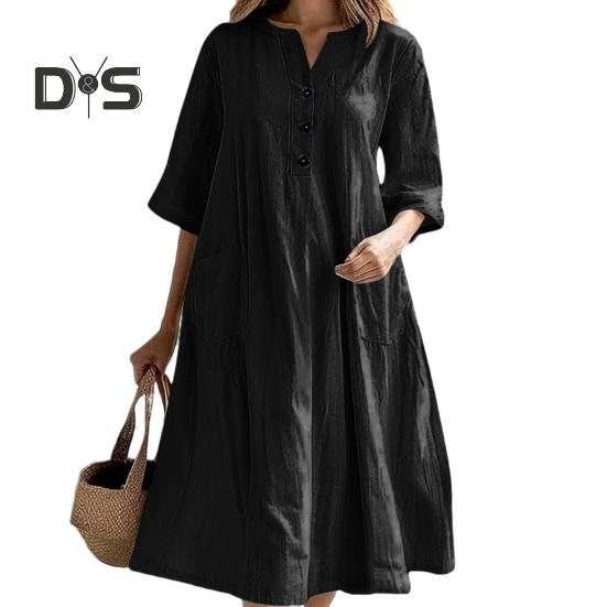 Summer Spring Dress with Pockets Buttoned V Neck Pleated Loose A-line Hem Half Sleeves Solid Color Midi Dress for Daily Wear Party Dating