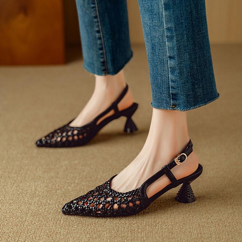 Fashion NEW Summer Women Sandals Fashion Shoes for Women Pointed Toe Strange Heel Shoes Cover Toe Slingback Sandals Weave Handmade Shoes