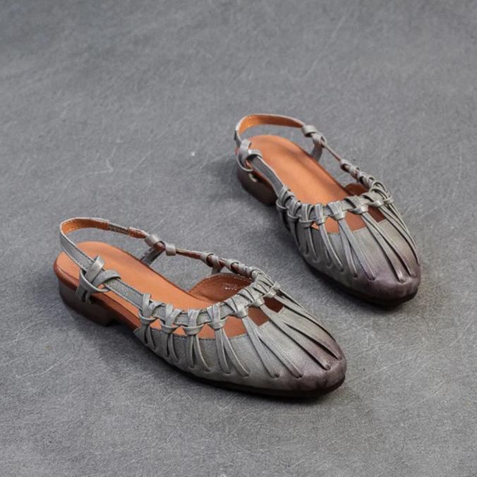 Johnature Gewebte, ausgehöhlte römische Sandalen mit niedrigem Absatz, echtes Leder, weiche Sohle, lässige, vielseitige Damenschuhe