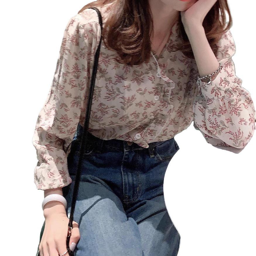 Spring/Autumn 2025 Korean Floral Chiffon Bubble Sleeve Blouse - Women's Long Sleeve Elegant Top
