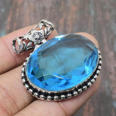 Swiss Blue Topaz Gemstone Solid 925 Sterling Silver Handmade Jewelry Pendant For Women