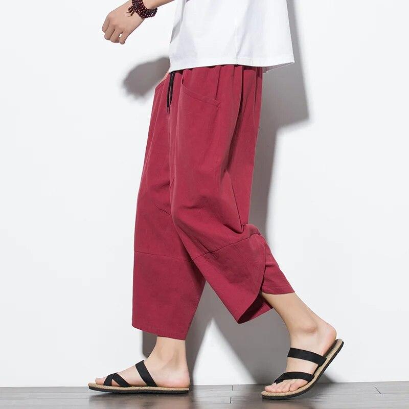 Linen Pants for Men Baggy Large Pocket Cropped Oversize Trousers Loose Harem Casual Pants Male