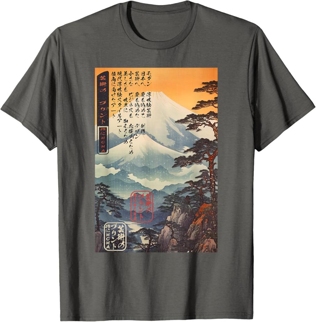 Ukiyoe Mount Fuji Landscape Japanese Woodblock Print Graphic Tee Mens Casual Short Sleeve TShirt