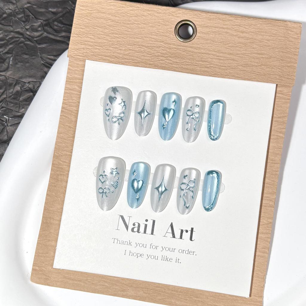Cold-Tone Starry Blue Cat Eye Magic Mirror Press-On Nails