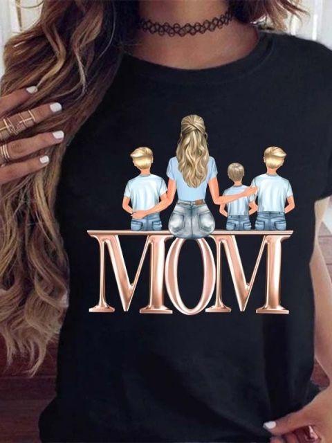 Women T Shirt Cartoon Mom Daughter Son Print Lady Tshirts Short Sleeve Tops Womens Kawaii Graphic Female Tshirt Clothe