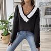 European & American Women's Color Block V-neck Loose Knit Sweater 