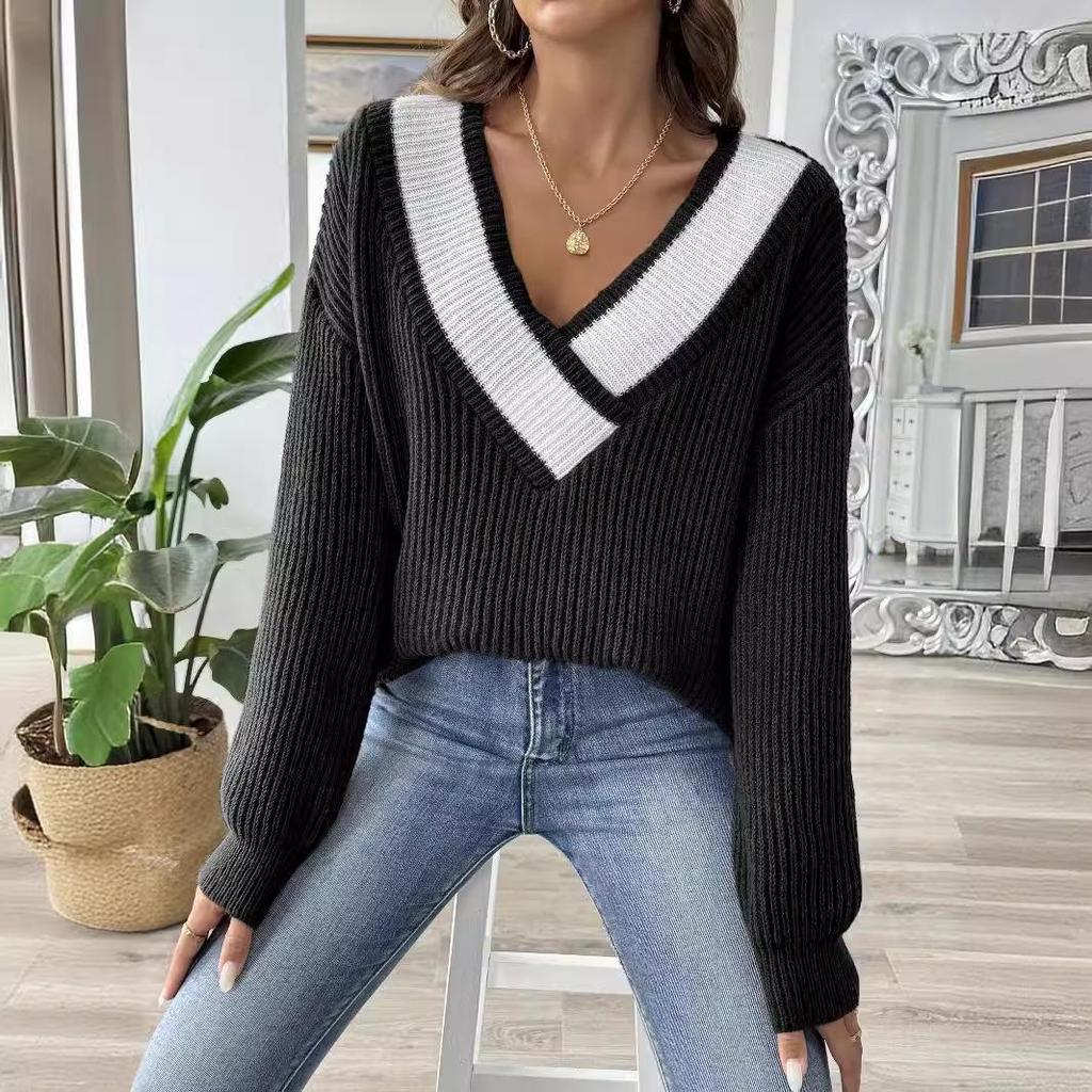European & American Women's Color Block V-neck Loose Knit Sweater 