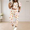 Women Plus Size White Printed Round Neck Short Sleeve Top Drawstring Cuffed Pants Two Piece Set With Pockets