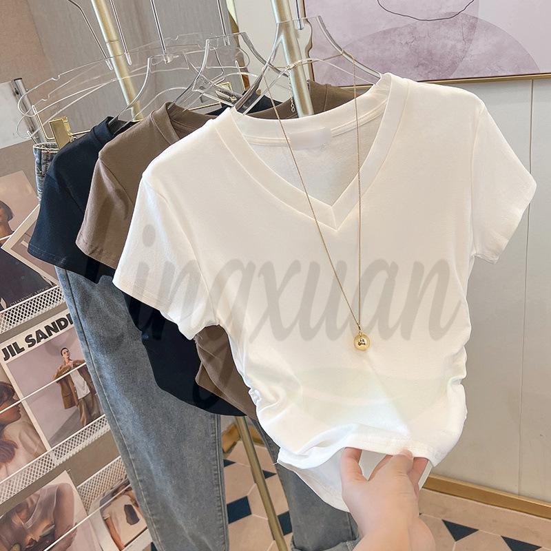 Women s Summer V-Neck Pleated Waist-Cinching T-Shirt - Trendy, Elegant, and Stylish Design Medium белый
