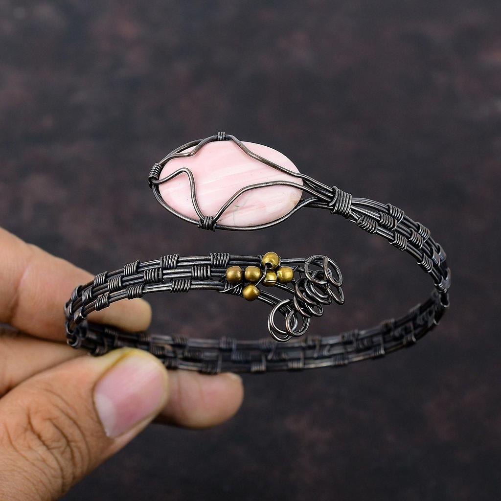 Pink Opal Bangle Copper Wire Wrapped Cuff Bracelet Adjustable Bangle Copper Wire Jewelry Handmade Cuff Natural Gemstone Bangle Gift For Mom