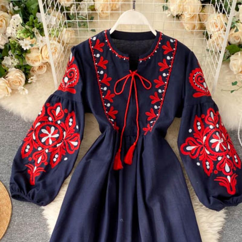 Ladies Dresses Retro Bell Sleeve Dress Fashion Vintage Print Lace