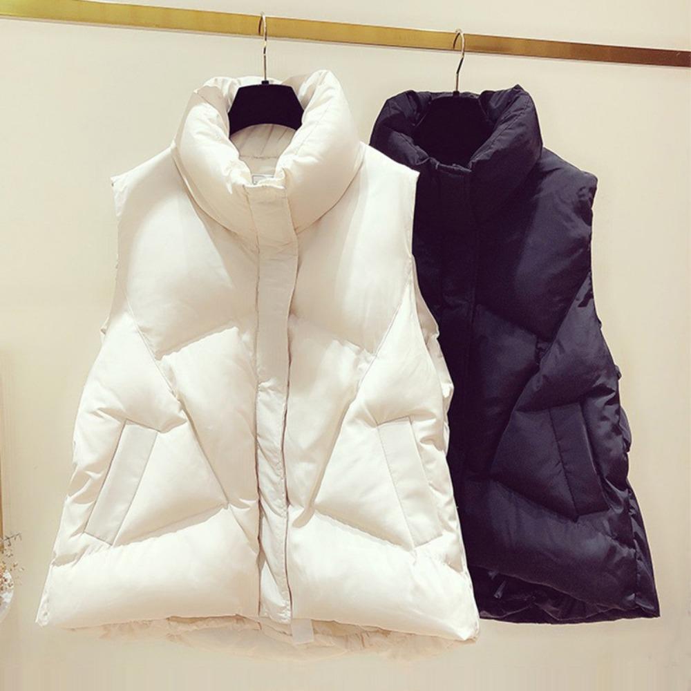 Women's Autumn & Winter Waistcoat – Lady's Sleeveless Cotton-Padded Vest Jacket with Zippered Pockets, Solid-Color Padded Outerwear