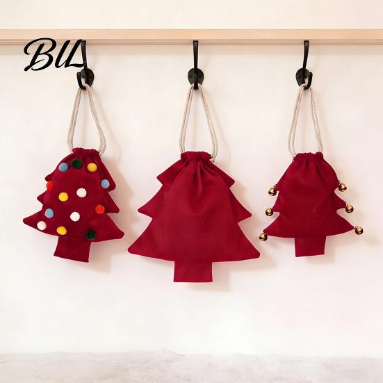 Decorative Party Favor Bags Christmas Tree Shaped Gift Bag, Reusable Drawstring Treat Goody with Pompoms Fabric Storage for Gifts Bells, Winter