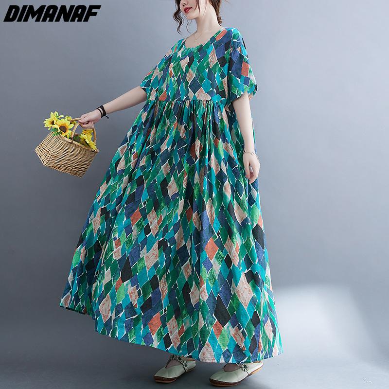 DIMANAF kobiety sukienka letnia Plus rozmiar plażowa sukienka lniana czeski nadruk kwiaty moda Lady Vestidos luźna długa sukienka na co dzień Oversize 9063