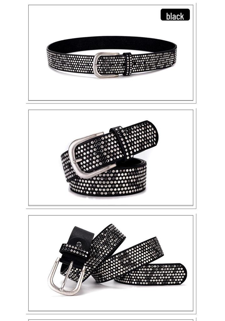 Women's Fashionable Rhinestone Black Leather Belt for Jeans and Formal Wear - Korean Style Trendy