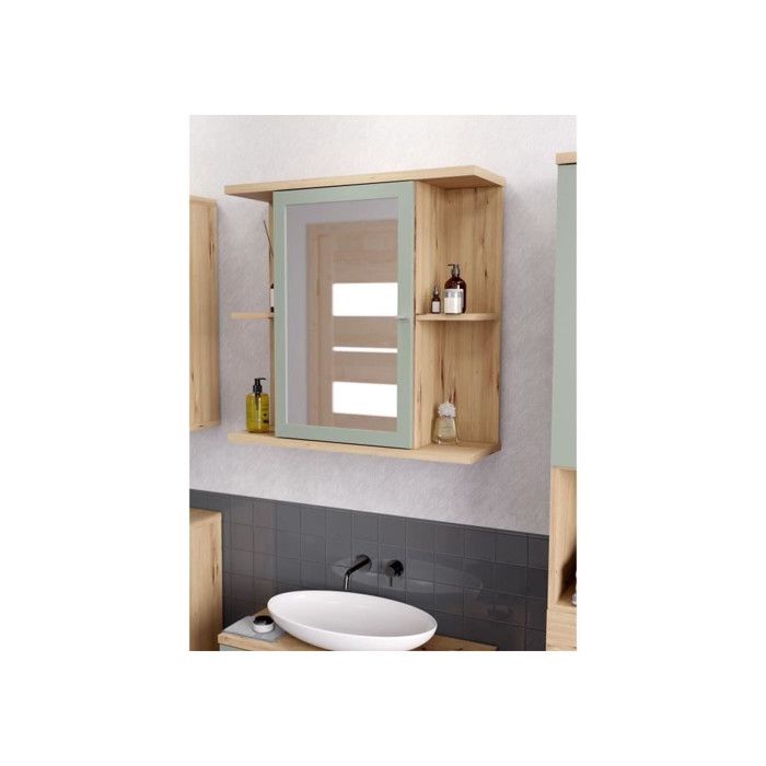 Armoire de toilette - Décor chene et vert sauge - Porte- Miroir - Etageres - L69,9 x P23,2 x H68,8 cm
