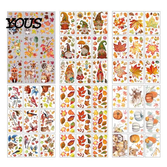 Removable Maple Leaf Decals 9 Sheets Fall Woodland Animals Window Clings, Autumn Pumpkin Clings Squirrel Fox Rabbit Glass Sticker, Anti Collision