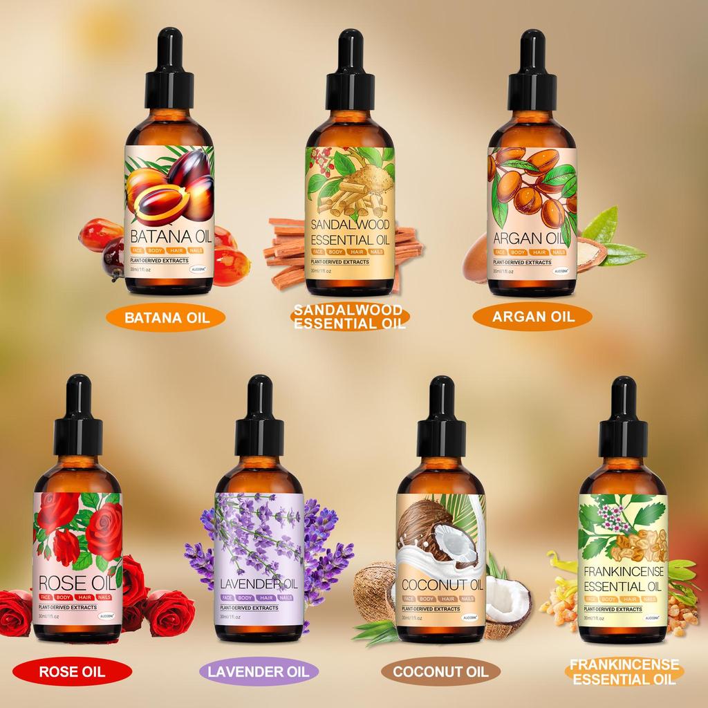 7 Arten Duftender Ätherischer Öle(30ml), Gesichtsöl, Akne, Haare, Enthält Argan, Rose, Lavendel, Batana, Kokosnuss, Weihrauch, Sandelholz