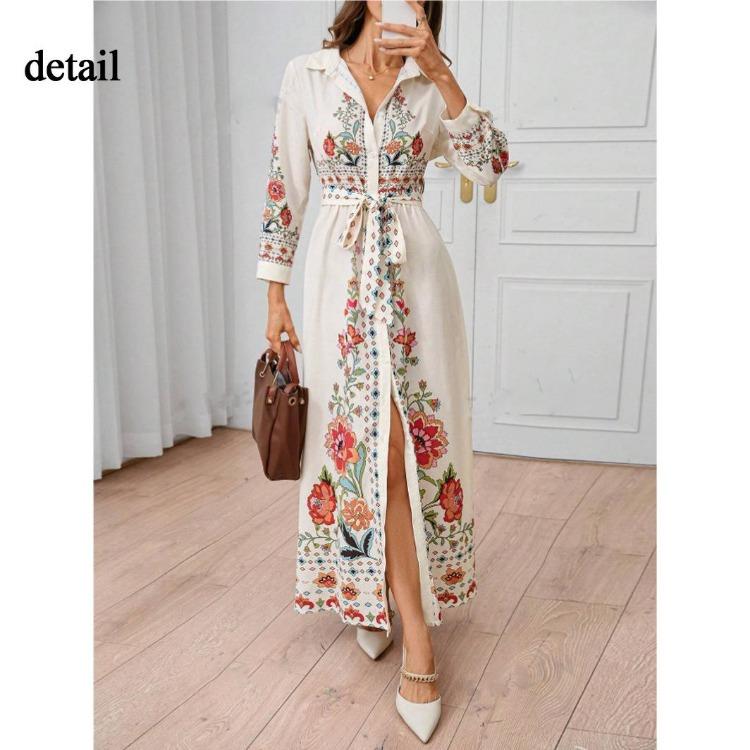 Damen Sommer Maxikleid mit Blumendruck Lässiges lockeres Langarm Hemdkleid mit Knopfleiste, Bindegürtel und Puffärmeln