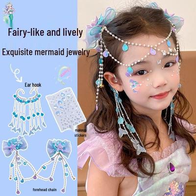 Mermaid Princess Ear Cuffs & Ancient Hanfu Headdress with Butterfly Elf Earrings for Little Girls