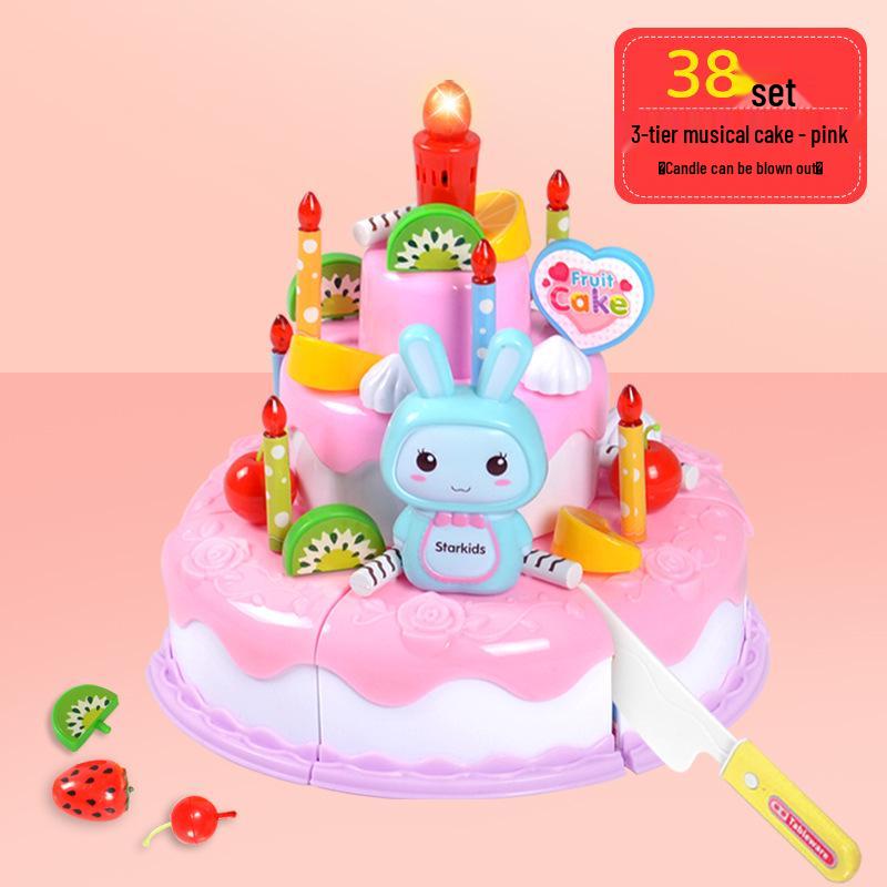 Light-Up Musical Birthday Cake Toy: Three-Tier with Fruit Cutting Fun for Girls
