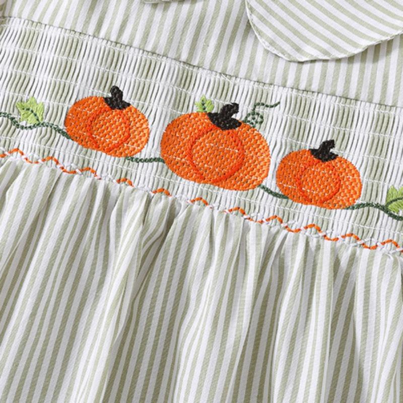 Spring and Autumn New Girls' Dress Embroidered Pumpkin Halloween Long Sleeve Striped Princess Dress