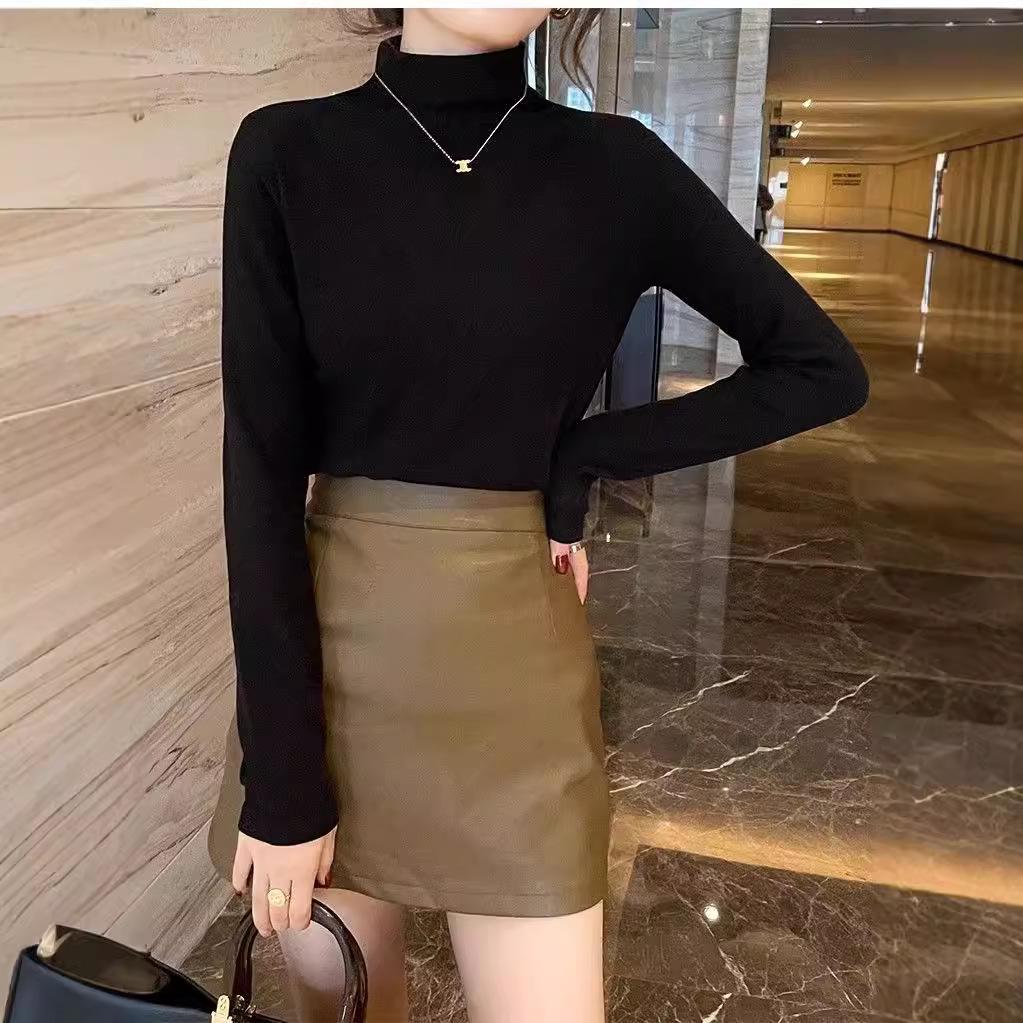 Women's Autumn/Winter 2024 Thick Velvet Half-High Collar Slim Fit Long-Sleeve Top