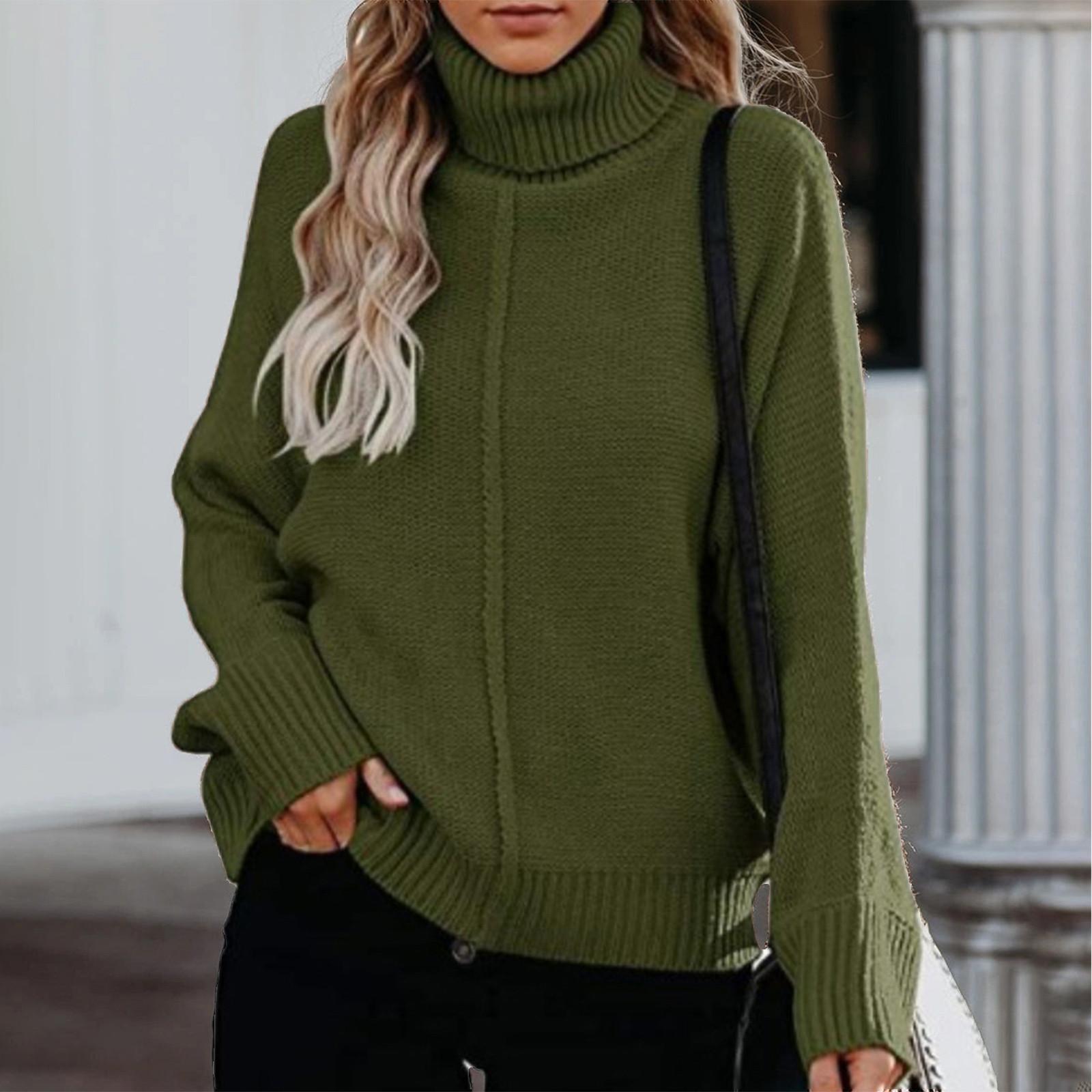 

Женский И Зимний Свободный Однотонный Сшивной Трикотажный Свитер Топ с Длинным Рукавом и Воротником-стойкой XL зелёный