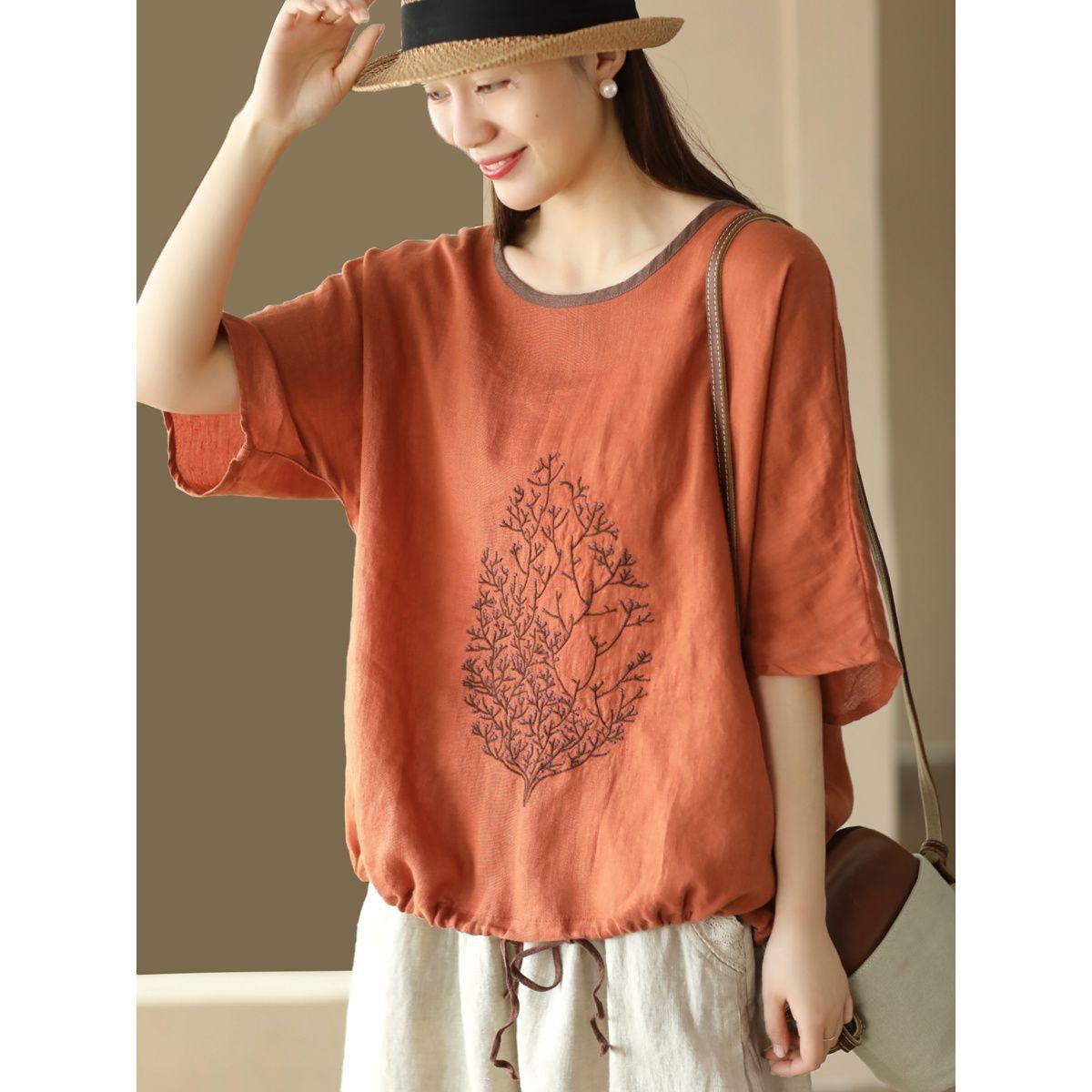 

Пуловер с круглым вырезом, свободная футболка большого размера для женщин, новый стиль, ретро, вышитый хлопково-льняной топ для женщин 4XL