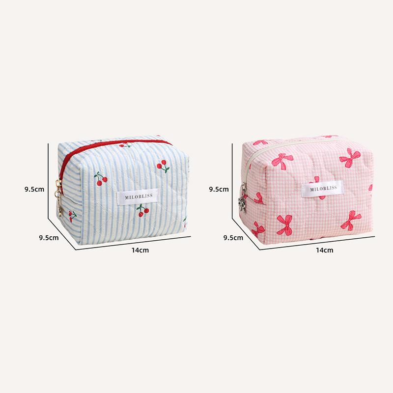 Plaid Bow Makeup Bag, Quilted Cherry Cosmetic Pouch, Student Lightweight Storage, Portable And Multifunctional