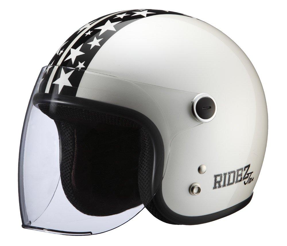 RIDEZ Jr STAR Jet Motorcycle Pearl Sizes with Opening and Closing Junior Helmet, White, Kids' 53-54cm, Shield,