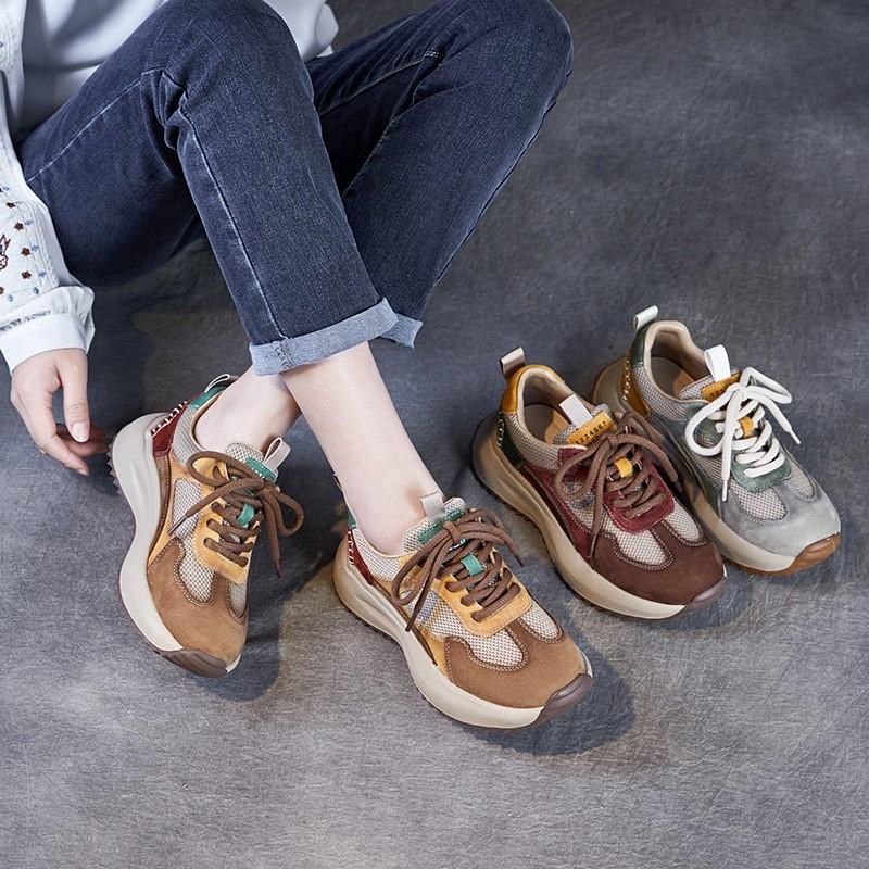 Johnature Mesh Splicing Genuine Leather Breathable Women's Shoes Thick Sole Mixed Colors Casual Sports Shoes