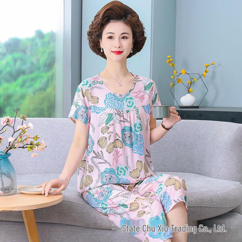 Women's Plus Size Summer Cotton Pajama Set for Middle-Aged & Elderly - Short-Sleeved Homewear Suitable for Outdoor Wear