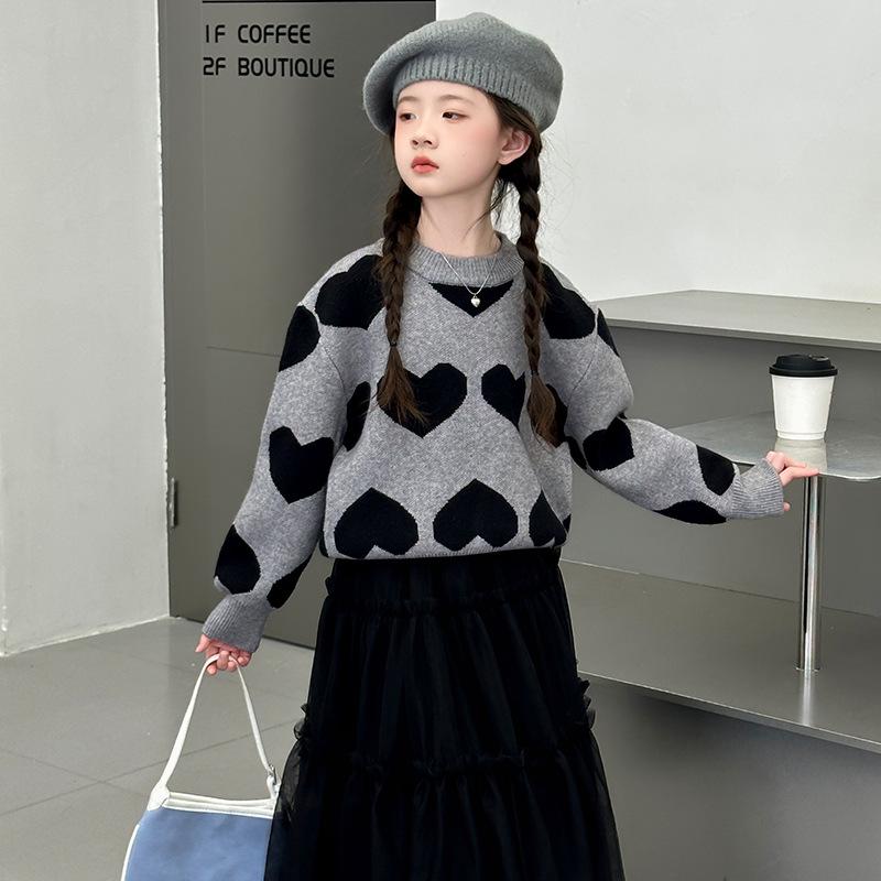 

Модный трикотажный свитер с жаккардовым узором «Любовь» для девочек 2025 - Детская осенне-зимняя мода 120 cm серый