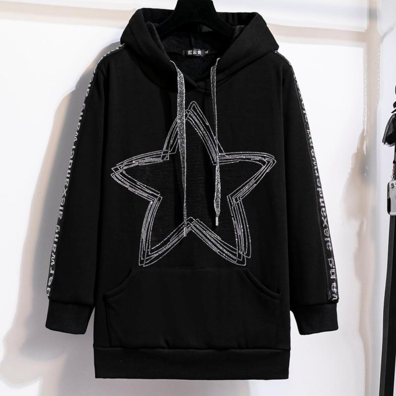 Sudadera con capucha y estampado de pentagrama de diamante de talla grande para mujer de otoño e invierno, chaqueta holgada, acolchada y gruesa de manga larga