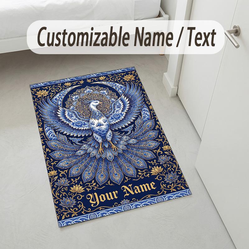 Dragon Phoenix Theme Crystal Velvet Rug Personalized Custom Name Text Soft Floor Mat Home Decor