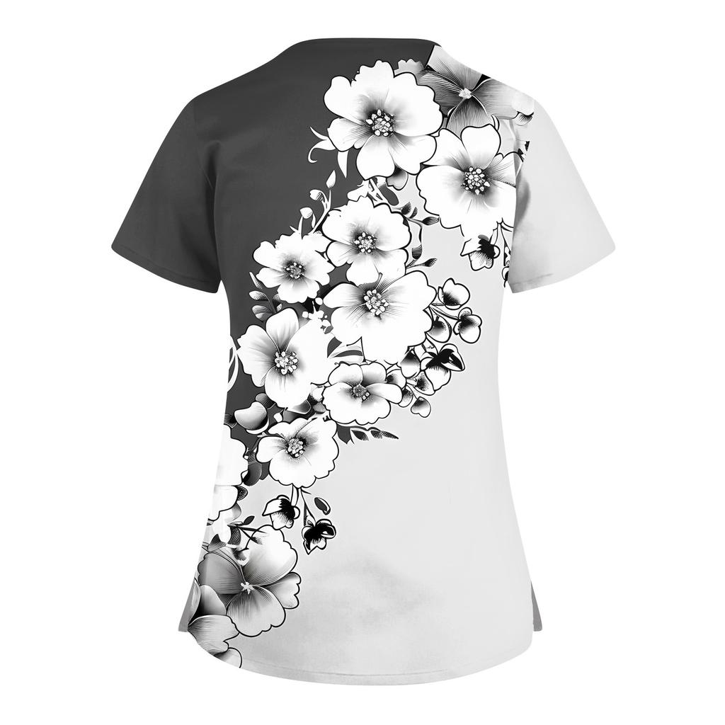 Kurzärmliges Stilltop für Damen mit V-Ausschnitt, Aufdruck und Tasche